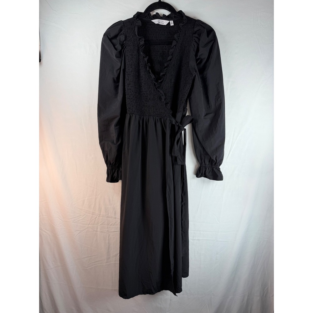 Paris Atelier & Other Stories Black Smocked Wrap Midi Dress Ruffle V-Neck Sz 4